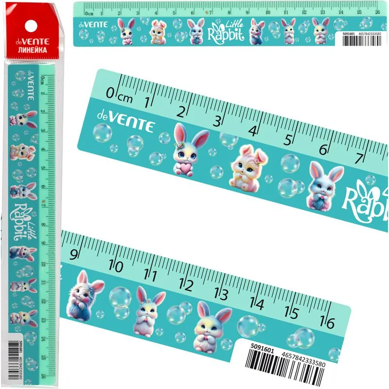 Линейка 16 см пластик. Little Rabbit , с цветным стикером