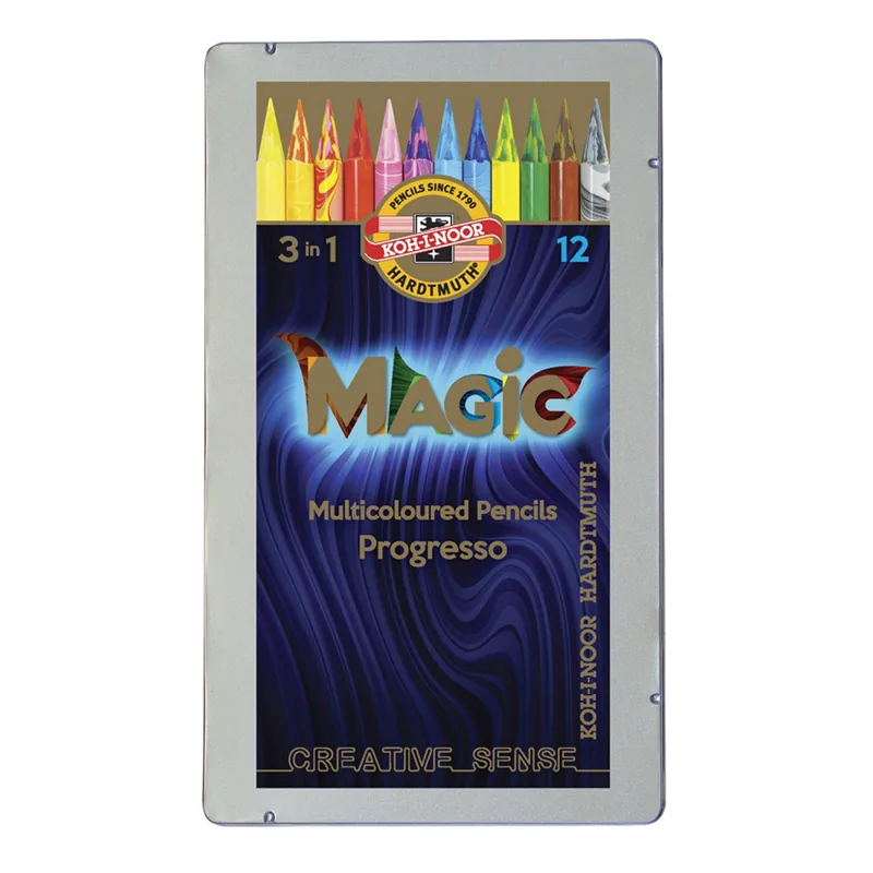 Карандаши с многоцветным грифелем цельнографитные Koh-I-Noor "Progresso Magic 8772", 12шт., заточен., в лаке, металл. коробка (ПОД ЗАКАЗ)