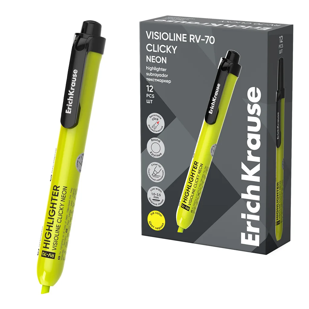 Текстовыделитель EK Visioline RV-70 Clicky Neon, 1 - 3,5мм, желтый, автоматический