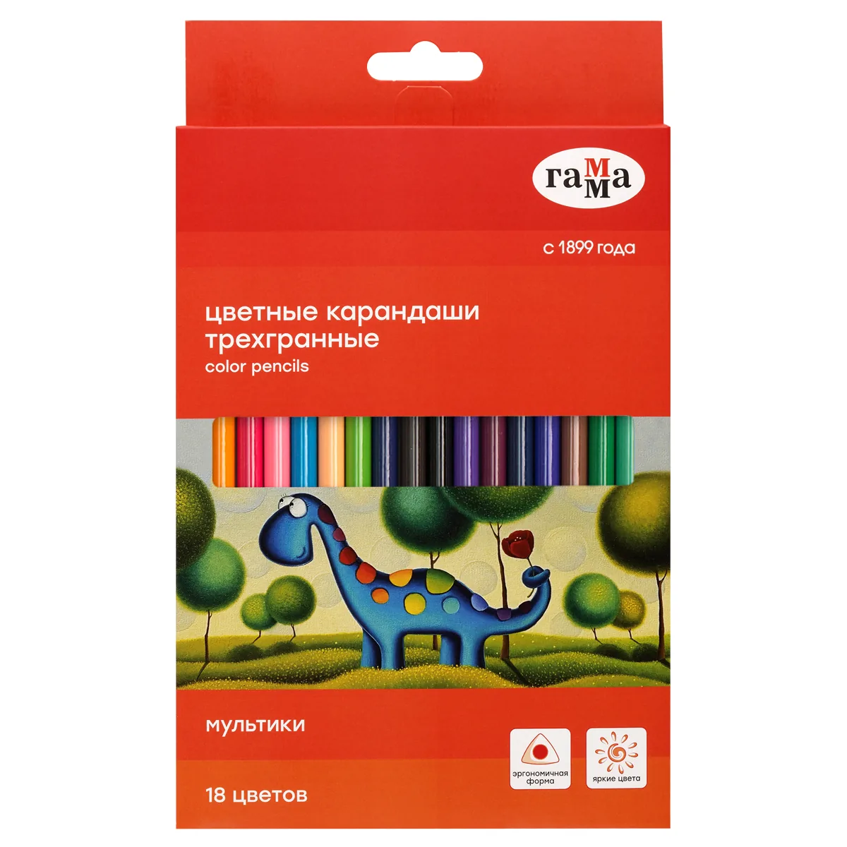 Карандаши цветные Гамма "Мультики", 18цв., трехгранные, заточен., картон. упак., европодвес