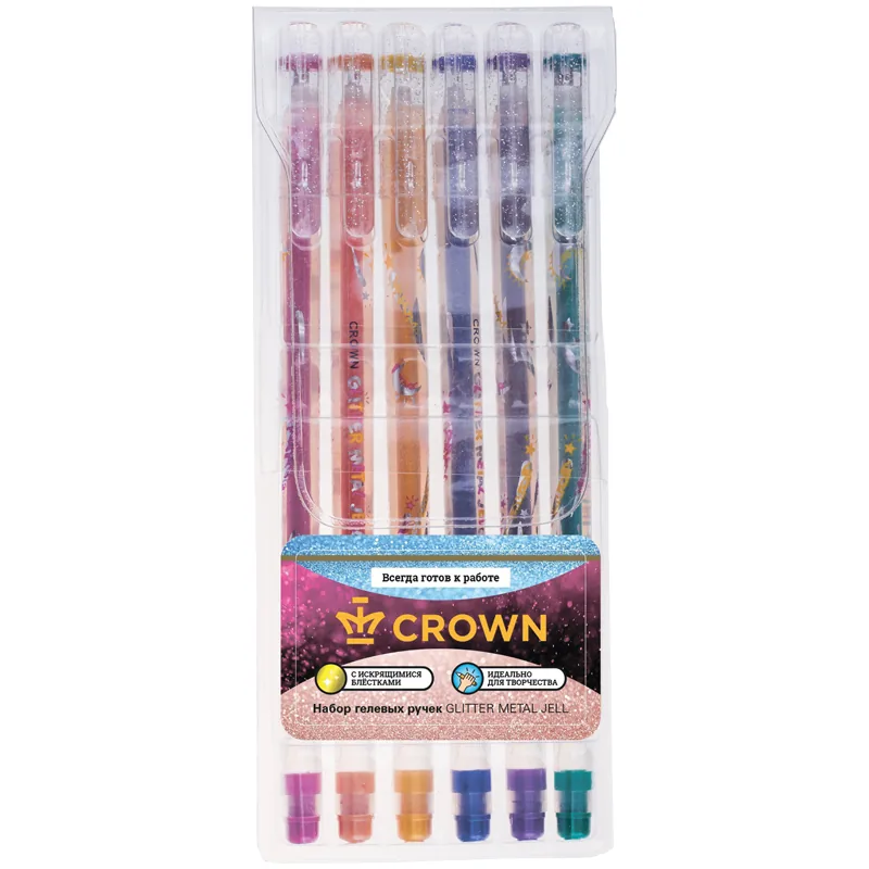 Набор гелевых ручек Crown "Glitter Metal Jell" 6шт., 06цв., 1,0мм, с блестками, ПВХ уп., европодвес