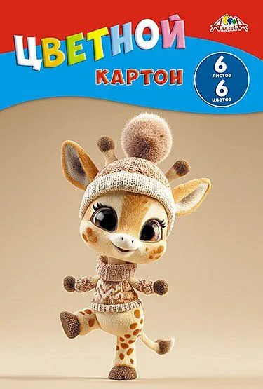 Картон цв. А4  6цв. 6л. немелов., одностор., пл. 200 гр/м2 "Малыш-жираф", в папке