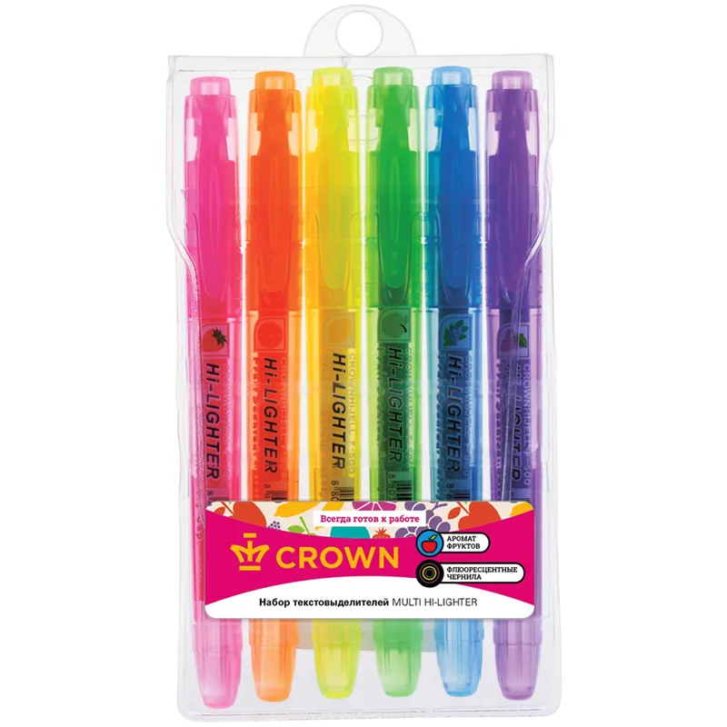 Набор текстовыделителей Crown "Multi Hi-Lighter Aroma" 06цв., 1-4мм, ароматиз., чехол с европодвесом