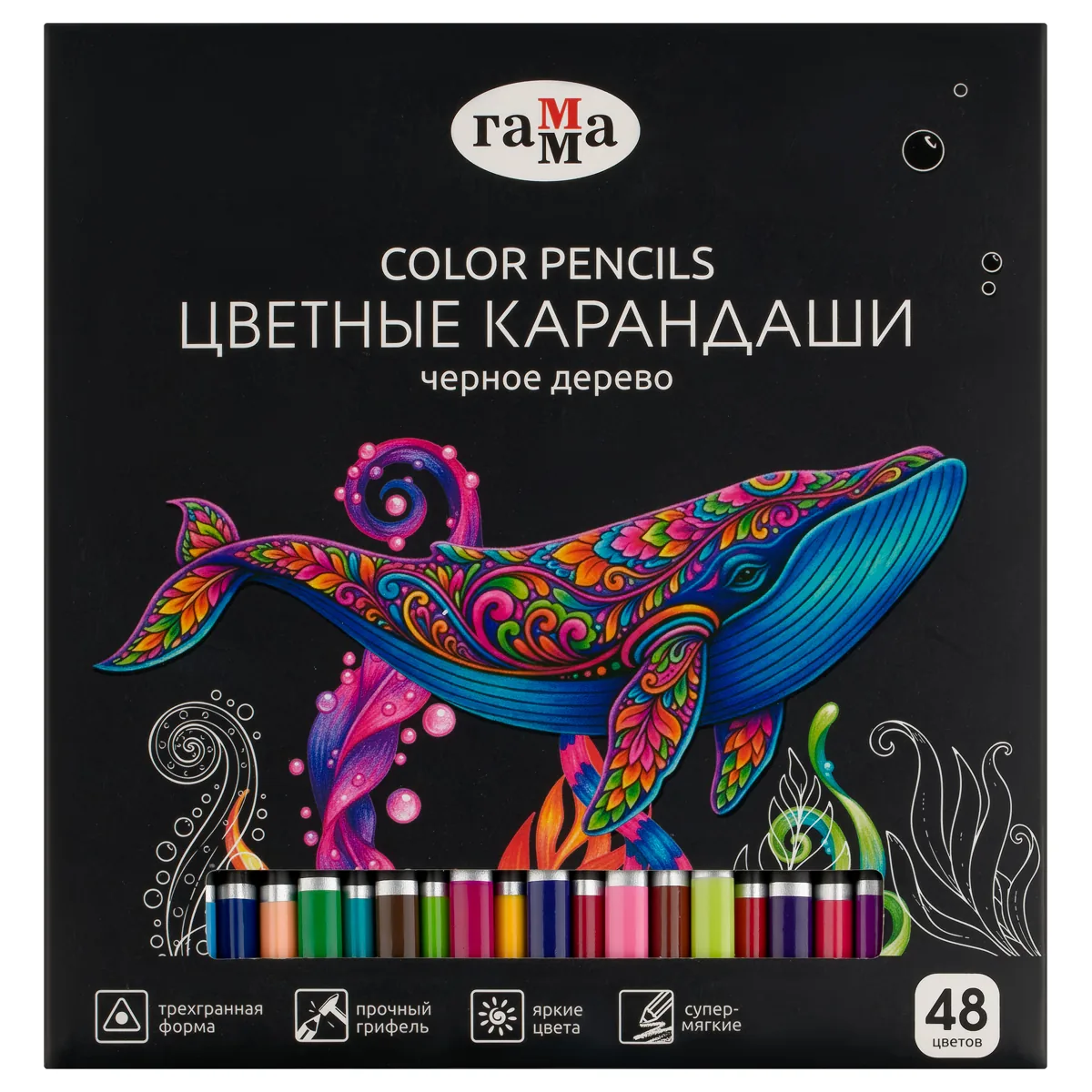 Карандаши цветные Гамма "Классические", 48цв., черное дерево,заточен., картон. упак., европодвес