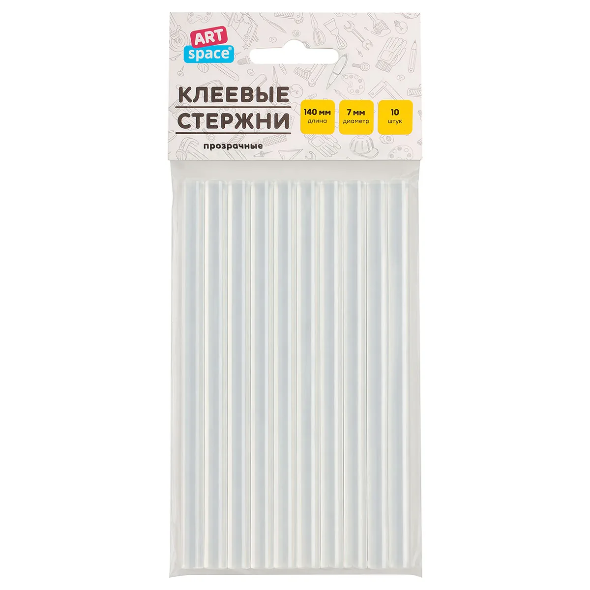 Клеевые стержни ArtSpace, диаметр 7мм, длина 140мм, прозрачные, набор 10шт., европодвес