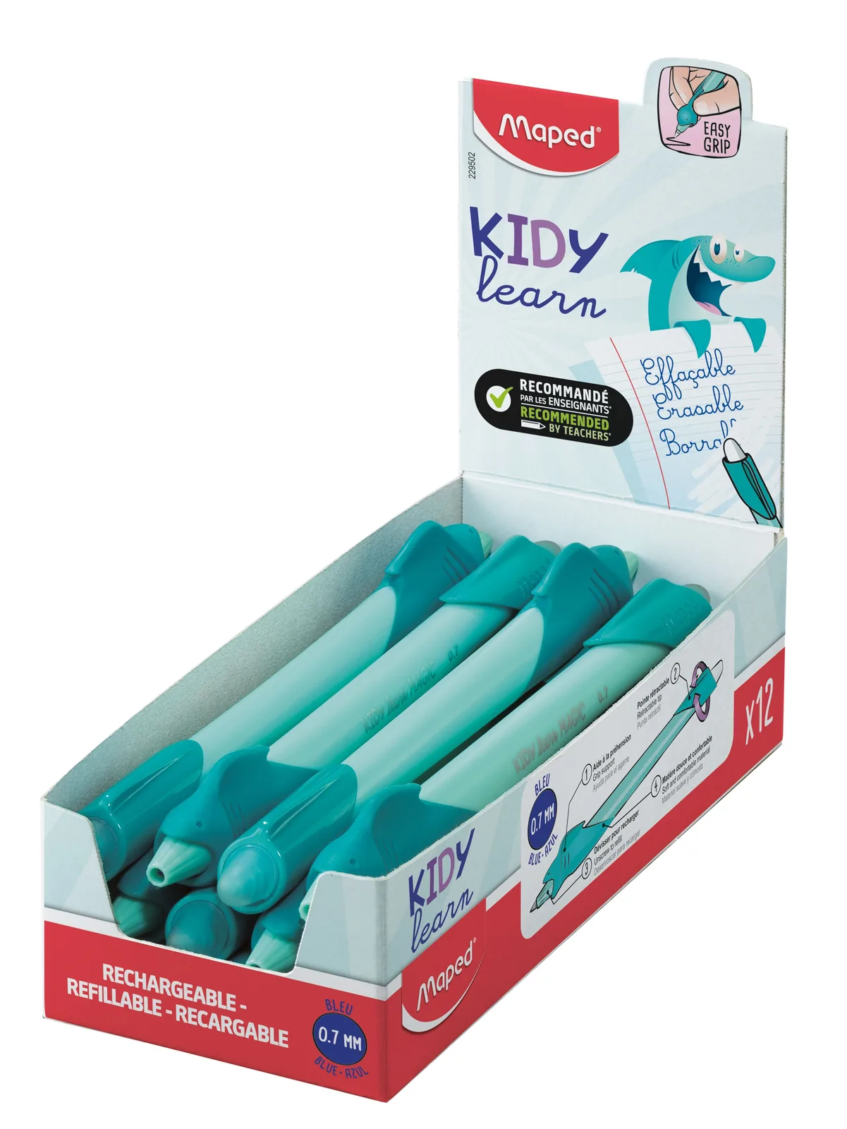 Ручка шариковая стираемая Maped "Kidy Learn Shark" синяя, бирюзовый корпус, 0,7мм