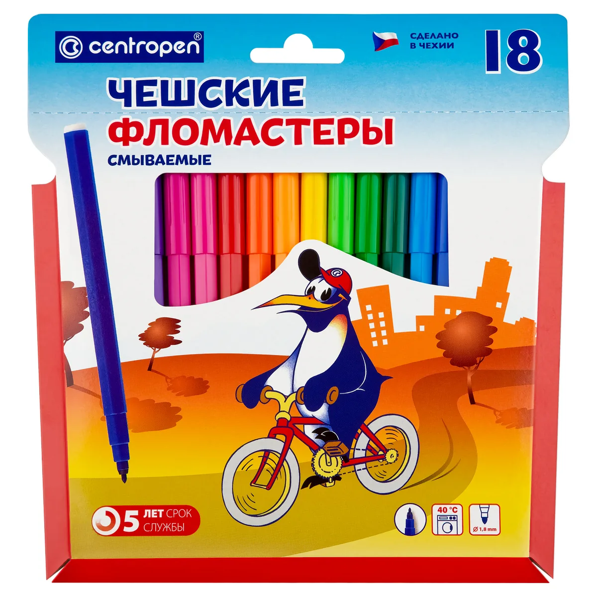 Фломастеры Centropen "Пингвины", 18цв., смываемые, картон, европодвес