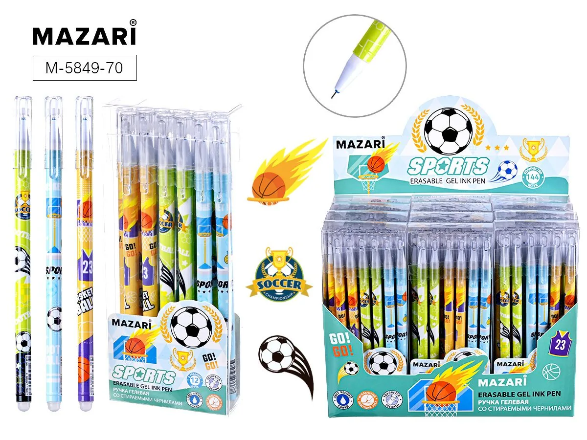 Ручка гелевая стираемая MAZARI "Sports" синяя, 0,38мм