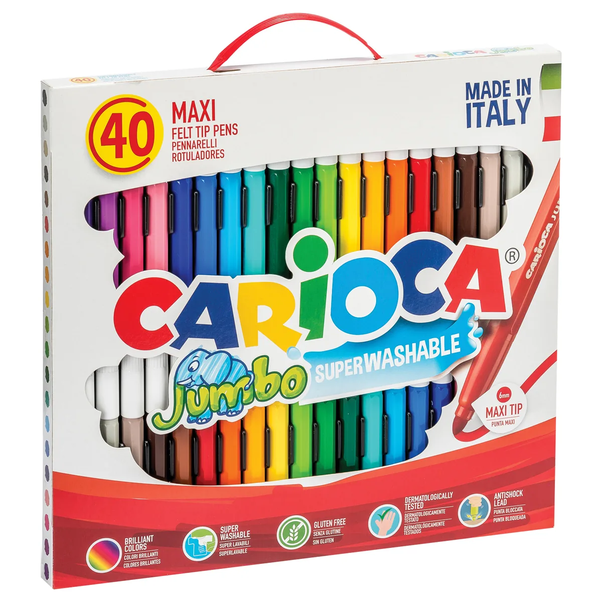 Фломастеры Carioca "Jumbo", 40шт., 36цв., утолщенные, смываемые, картон, с ручкой