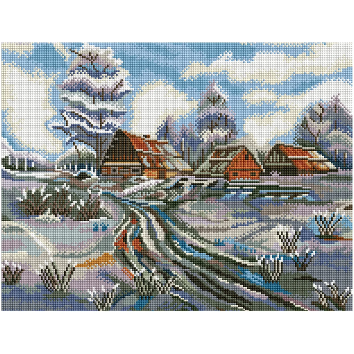 Алмазная мозаика ТРИ СОВЫ "Зима в деревне", 40*50см, холст на деревянном подрамнике, картонная коробка с пластиковой ручкой