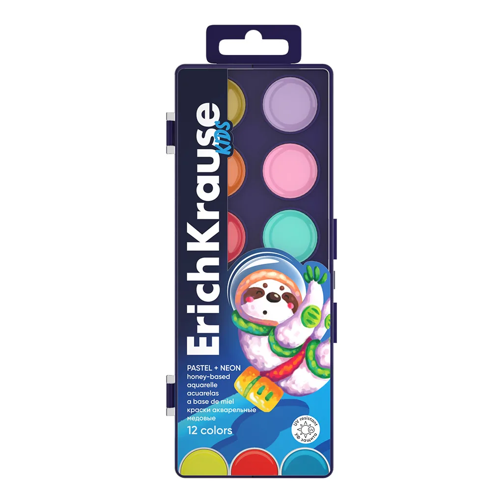 Акварельные краски 12цв. Erich Krause Kids Space Animals Neon+Pastel медовые с УФ защитой яркости