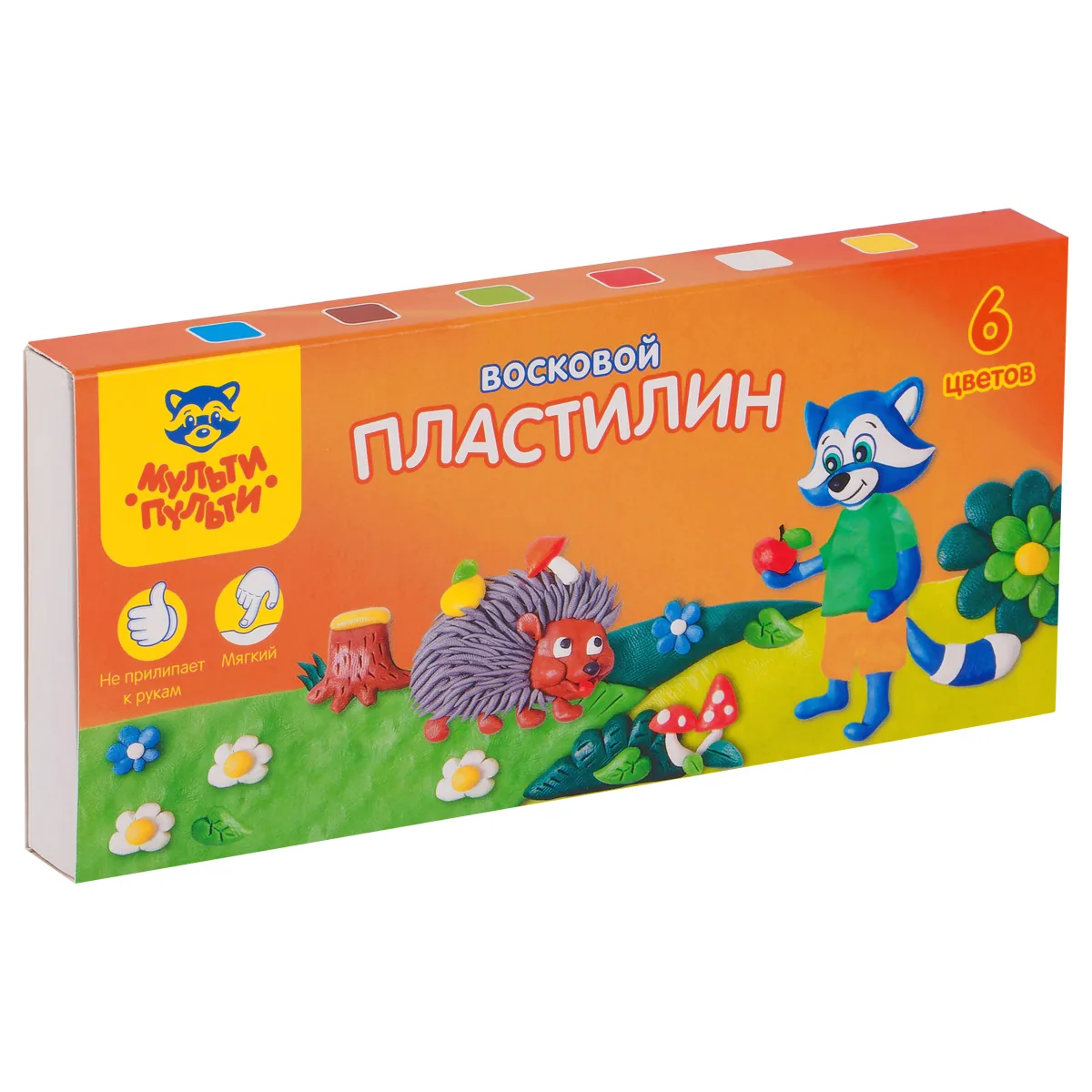 Пластилин Мульти-Пульти "Енот в лесу", 06 цветов, 90г, восковой, со стеком, картон