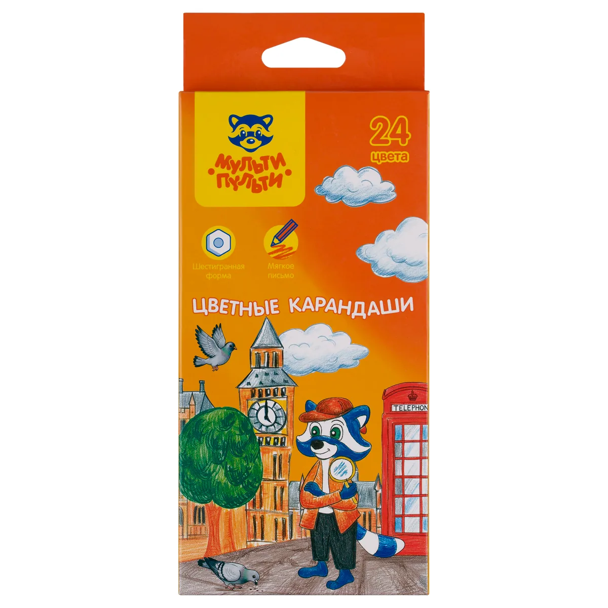 Карандаши цветные Мульти-Пульти "Енот в Англии", 24 цв., шестигран., заточен., картон, европодвес, термоусадка