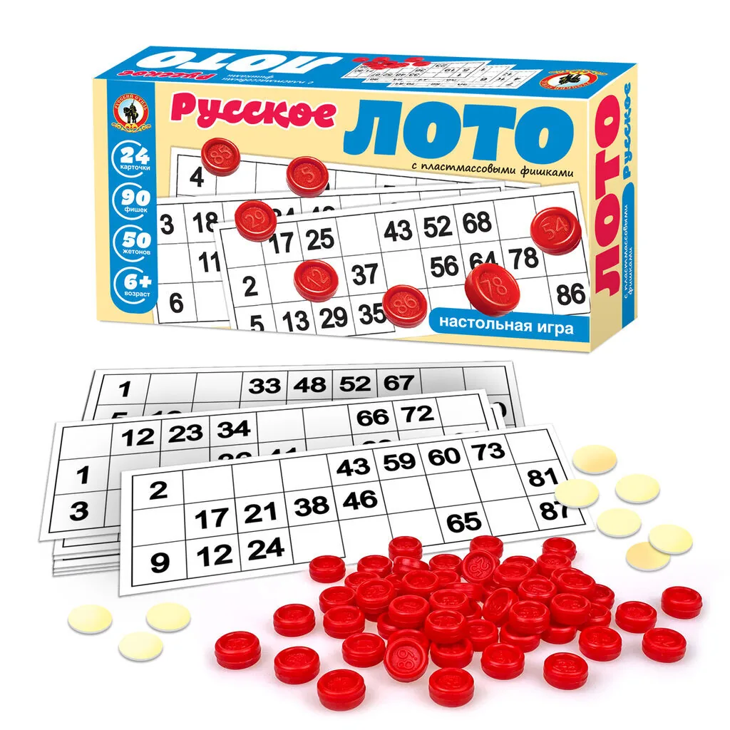 Игра настольная "Русское лото" с пластиковыми фишками  6+
