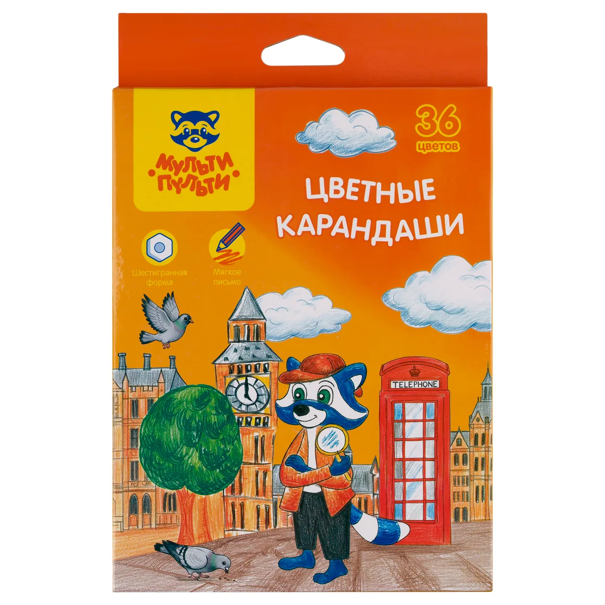 Карандаши цветные Мульти-Пульти "Енот в Англии", 36 цв., шестигран., заточен., картон, европодвес, термоусадка