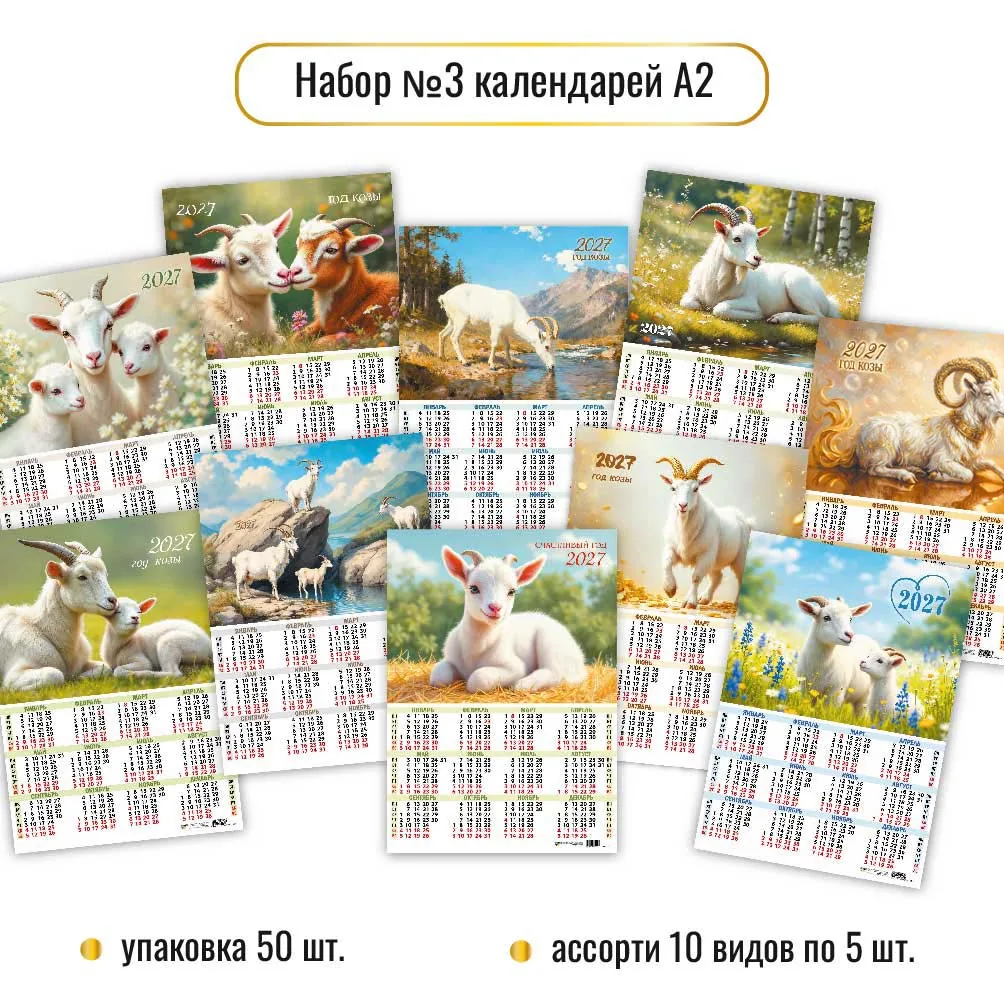 Календарь листовой 420*594мм на 2027г. Ассорти. Символ года. 10в.по 5шт.