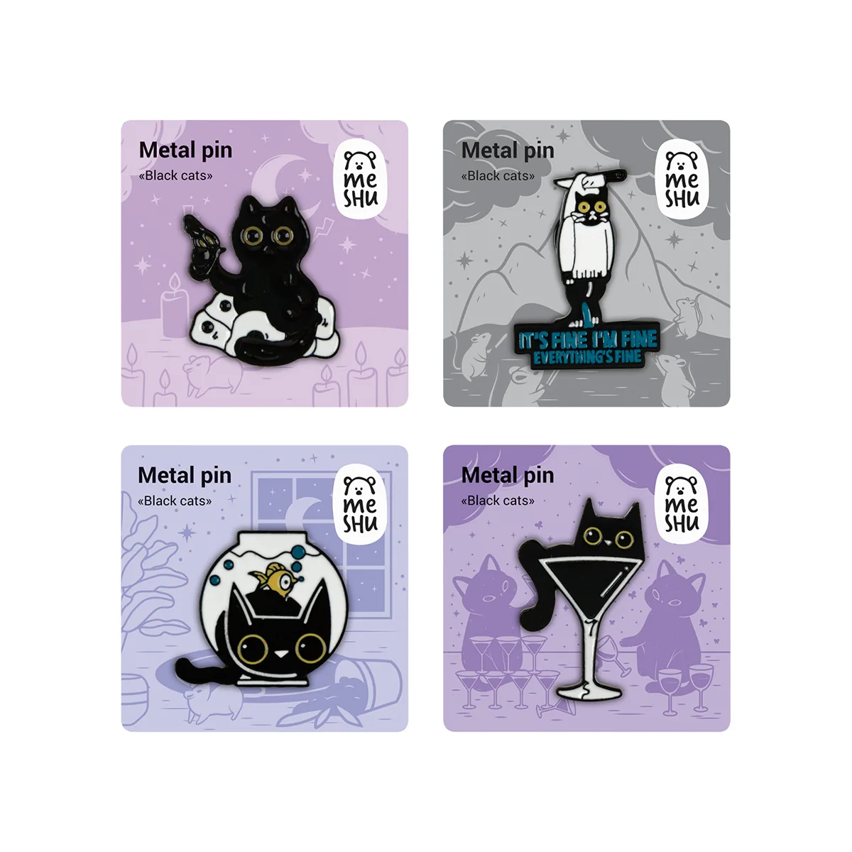 УЦЕНКА - Набор металлических значков MESHU "Black cats", эмаль, 4шт, картонная подложка, европодвес (осн 368830)