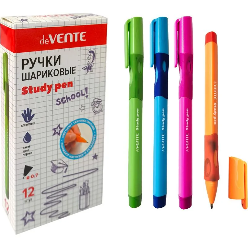 Ручка для левшей Study Pen, 0,7мм, синяя, с эргоном. каучуковым держателем