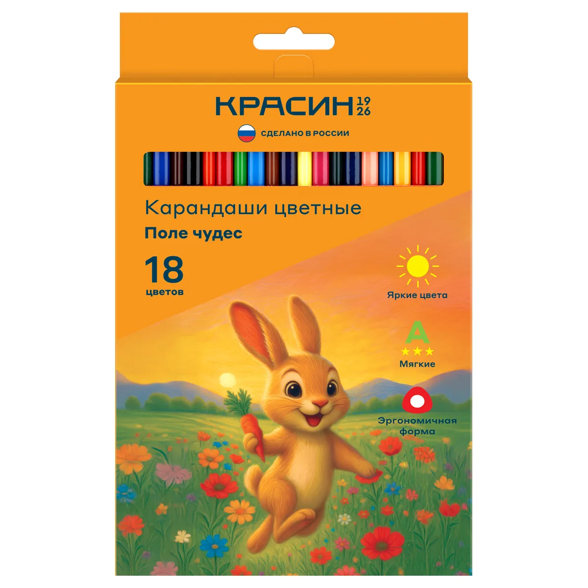 Карандаши цветные Красин "Поле чудес", 18цв., трехгр., заточен., картон, европодвес