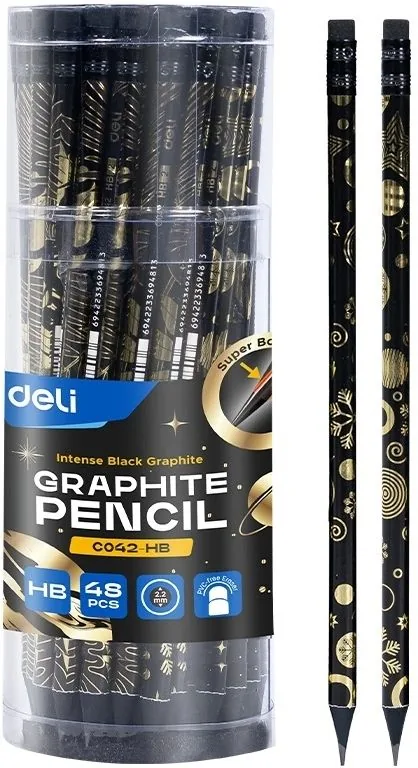 Карандаш Deli НB Golden flower texture круглый, ластик, липа, ассорти