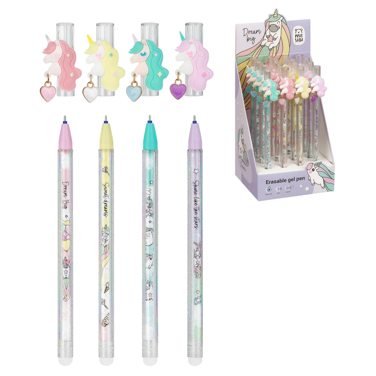 Ручка гелевая стираемая MESHU "Lovely unicorn" синяя, 0,5мм, корпус ассорти, с топпером