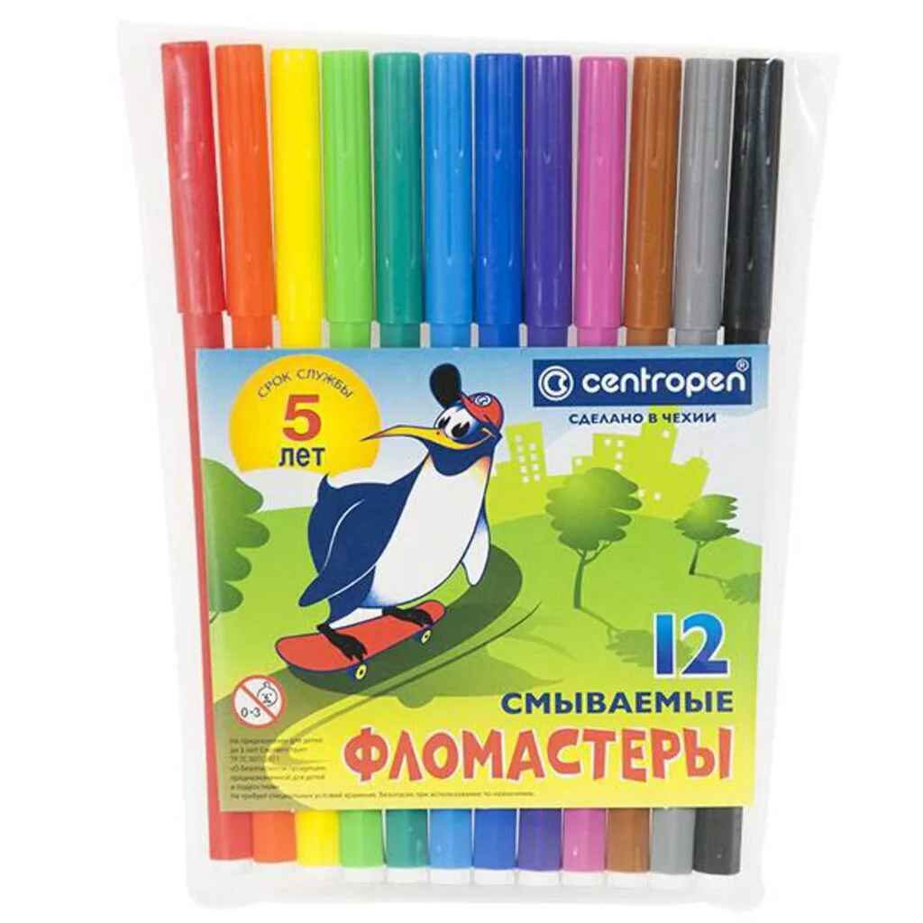 Фломастеры  12цв "Centropen. Пингвины", жёстк.блистер европодвес