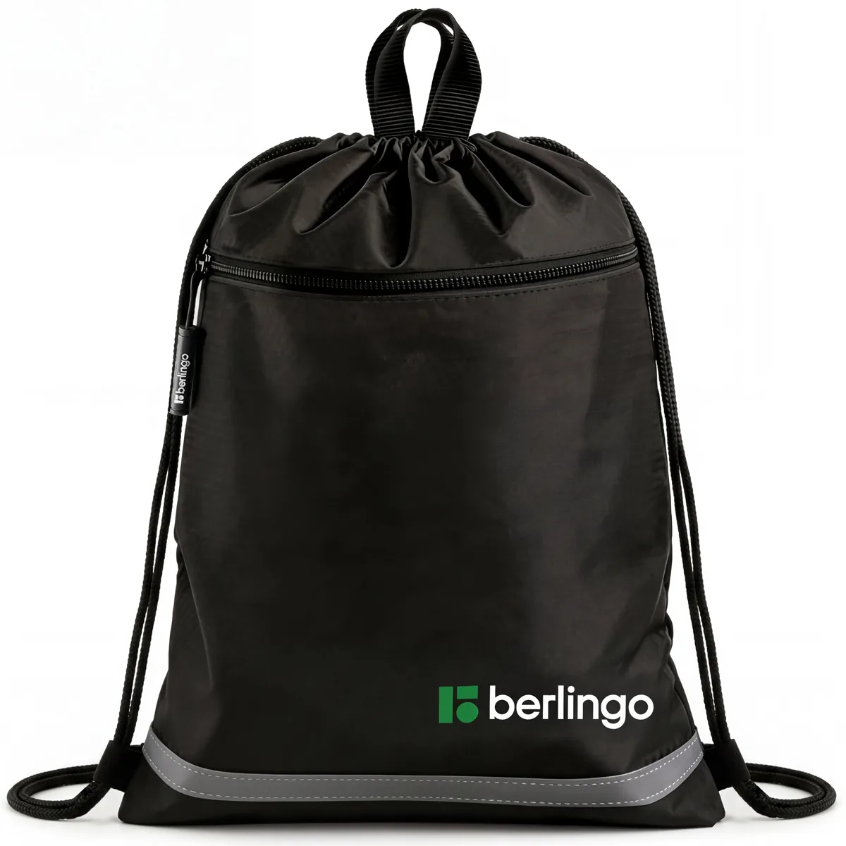 Мешок для обуви 1 отделение Berlingo "Basic black", 360*460 мм, светоотражающая лента, карман на молнии, полиэстер, черный