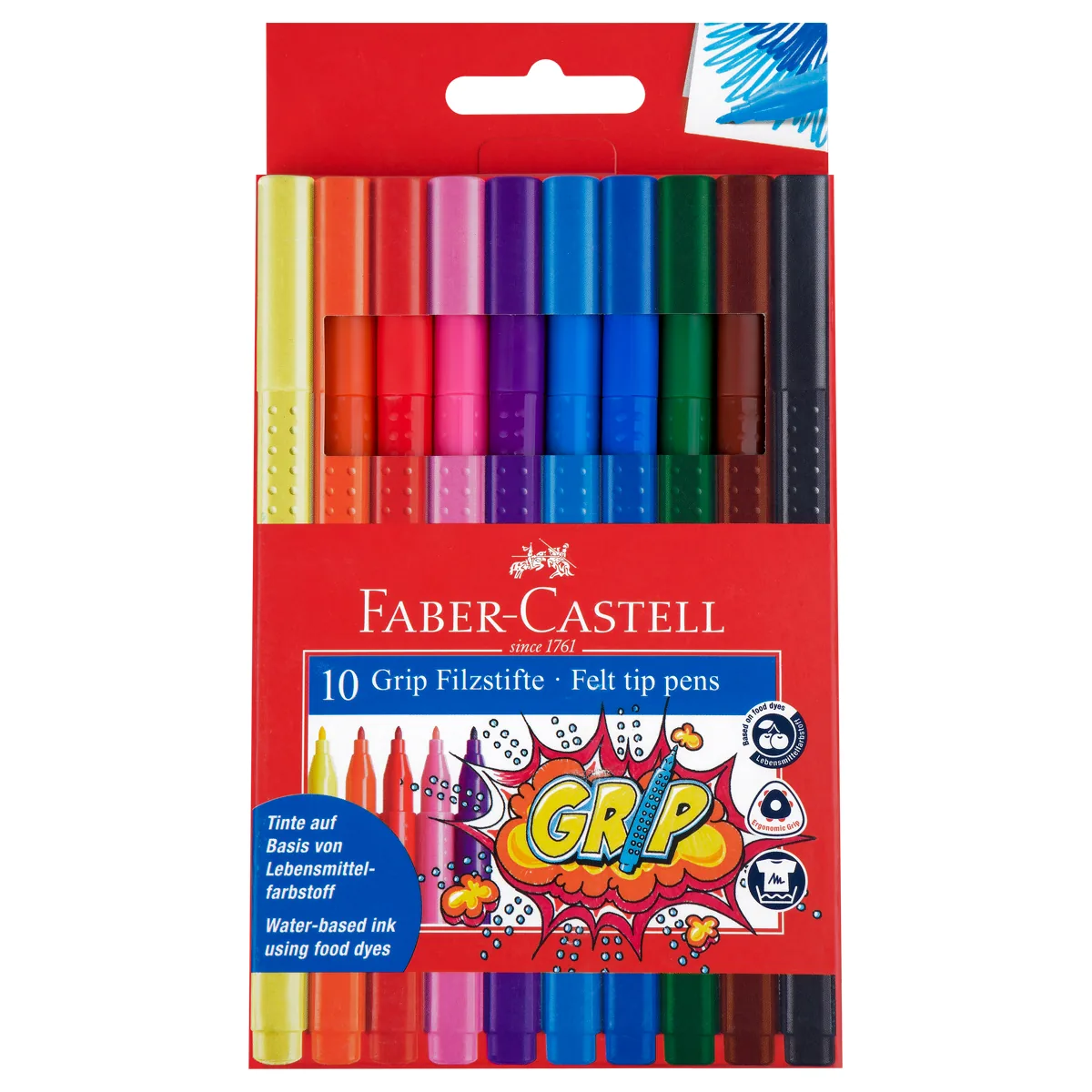 Фломастеры Faber-Castell "Grip", 10цв., трехгранные, смываемые, пластик. уп., европодвес