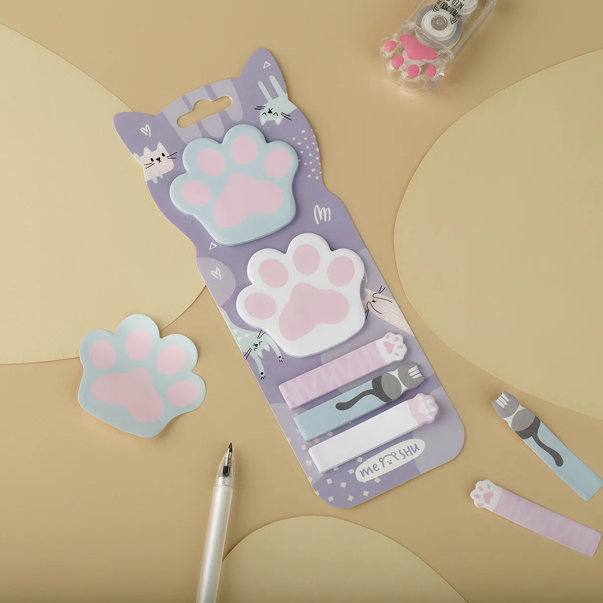 Флажки-закладки самоклеящиеся блоки в наборе MESHU "Paws", 20л*5 цветов, европодвес