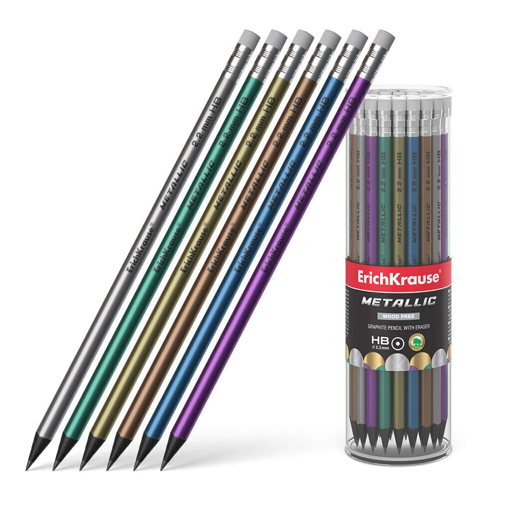Карандаш Metallic НВ пластиковый с ластиком, тубус